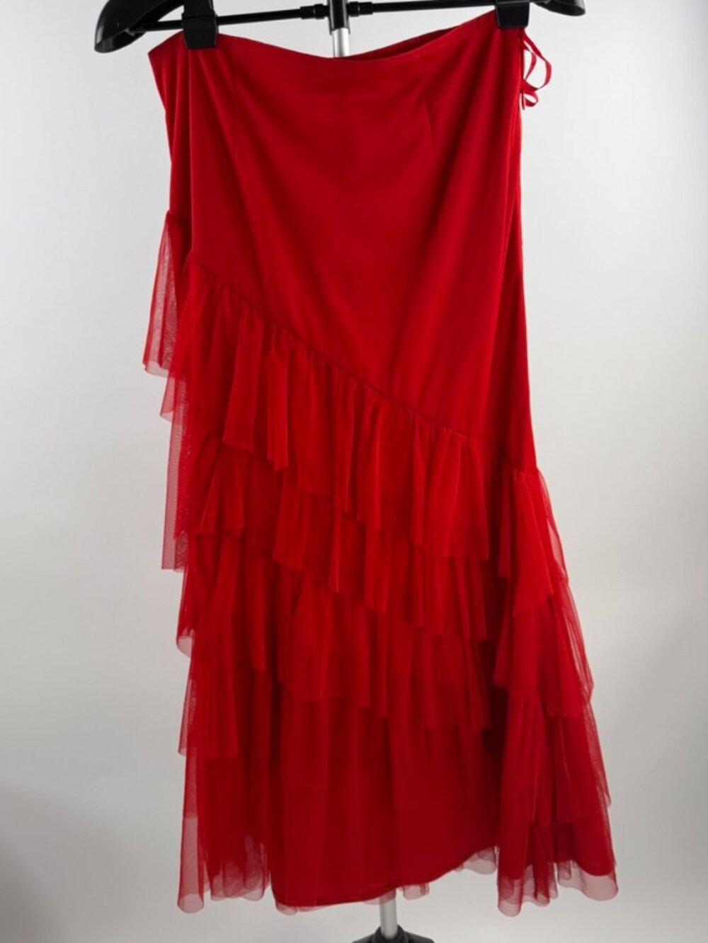 Tunique Red Mesh Ruffle Asymmetrical Midi Skirt Size M